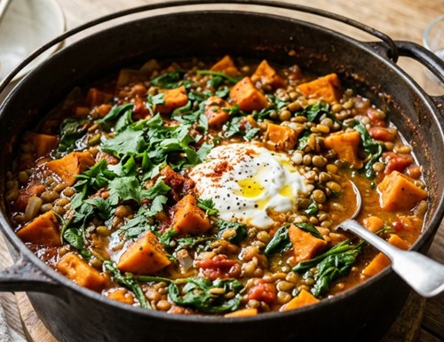 Recette One pot - Patate Douce, Lentilles et Épinards