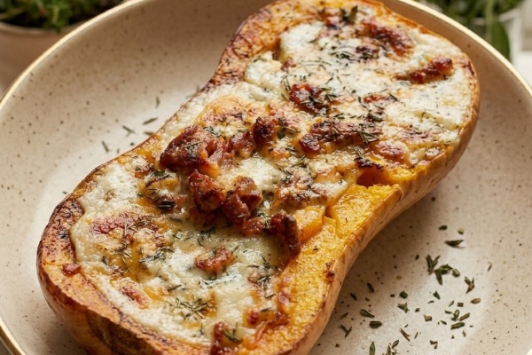 Recette Butternut rôtie, garnie chorizo, roquefort
